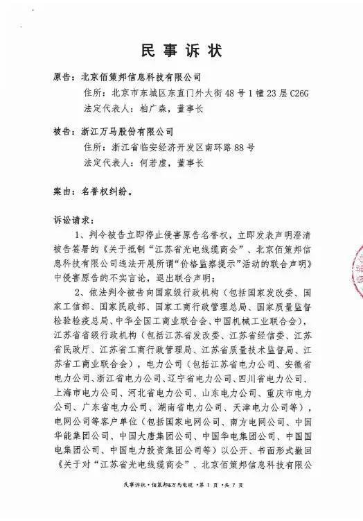 佰策邦公司起诉万马股份名誉侵权的民事诉状(1)