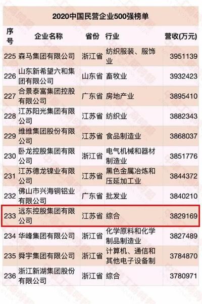 2020中国民营企业500强榜单发布！远东控股集团位列233位